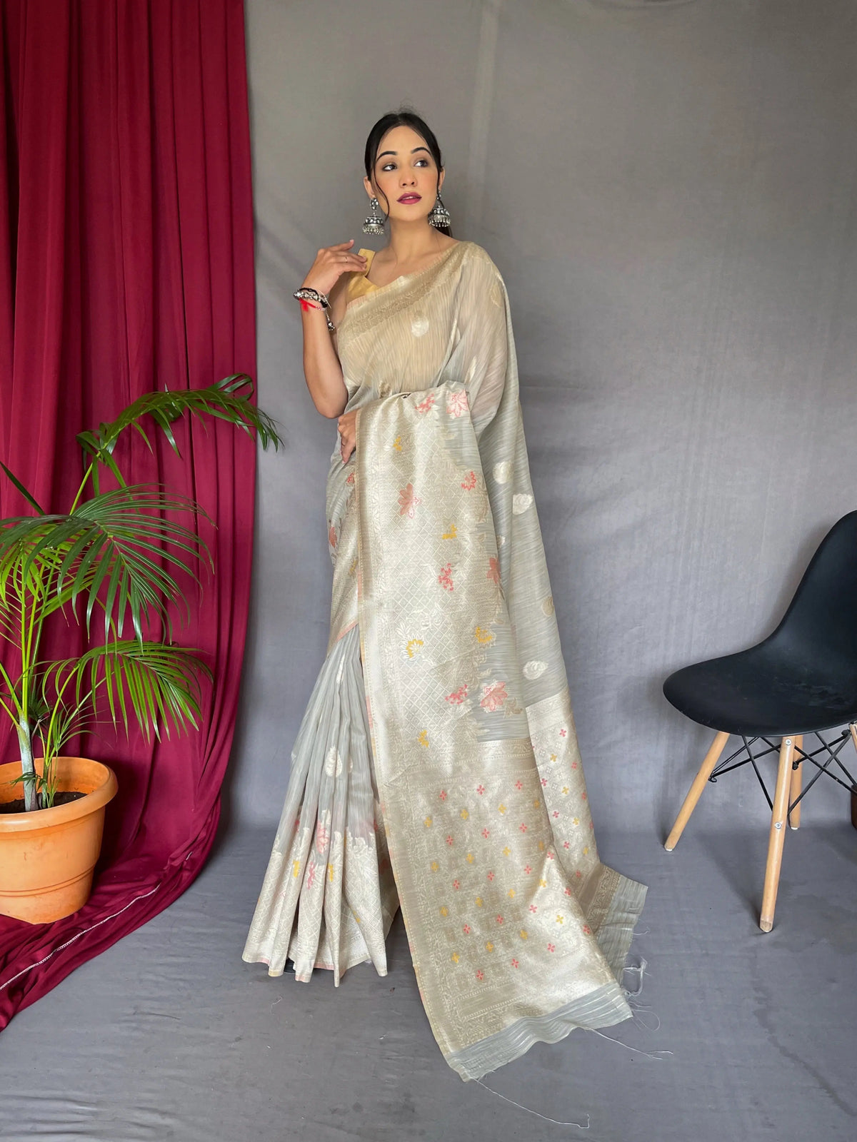 Ladli Cotton Slub Minakari Woven Saree Grey - Colorful Saree