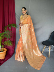 Ladli Cotton Slub Minakari Woven Saree Peach Orange - Colorful Saree