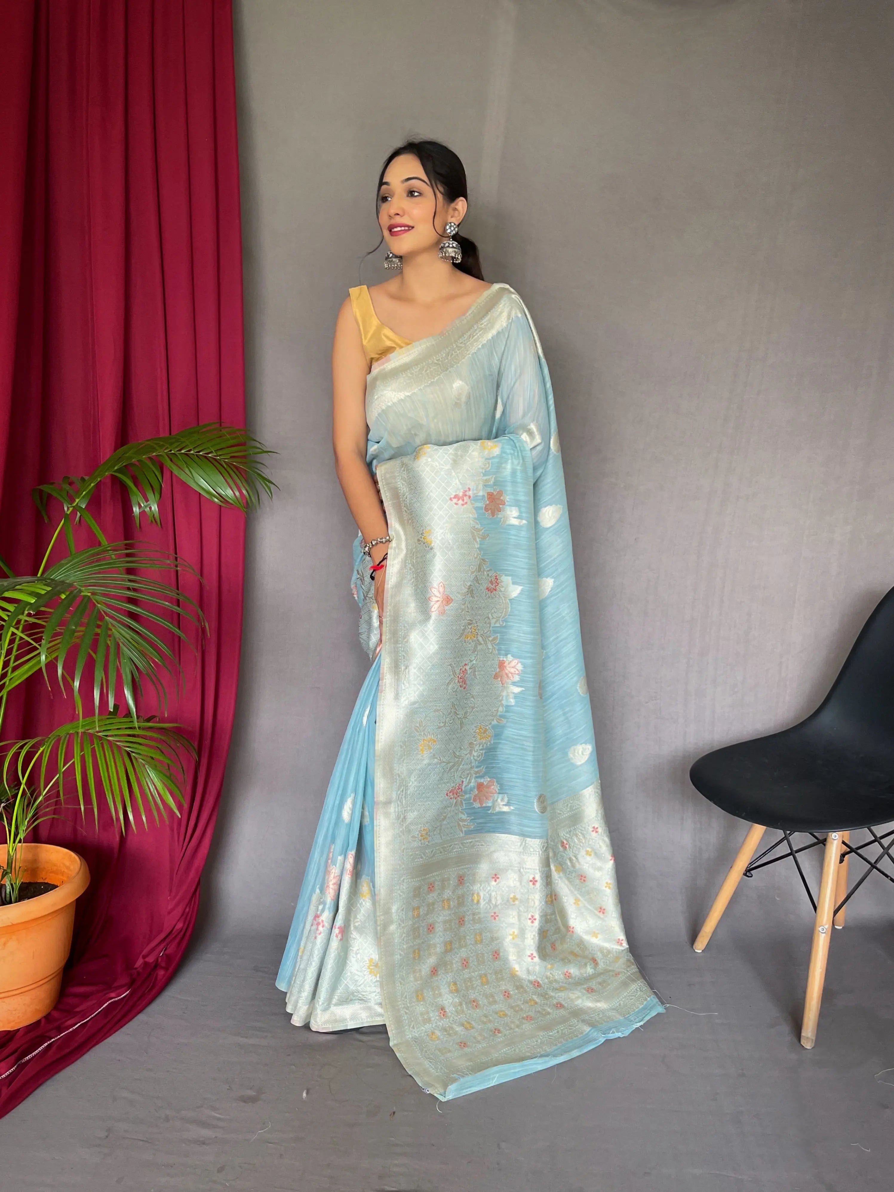 Ladli Cotton Slub Minakari Woven Saree Powder Blue - Colorful Saree