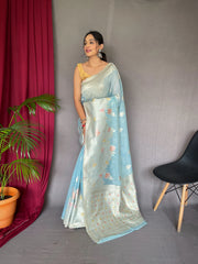 Ladli Cotton Slub Minakari Woven Saree Powder Blue - Colorful Saree