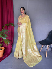 Ladli Cotton Slub Minakari Woven Saree Yellow - Colorful Saree