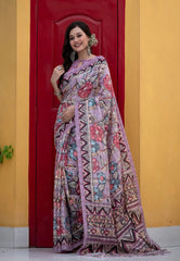 Lavender Amita Linen Cotton Kalamkari Printed Saree - Colorful Saree