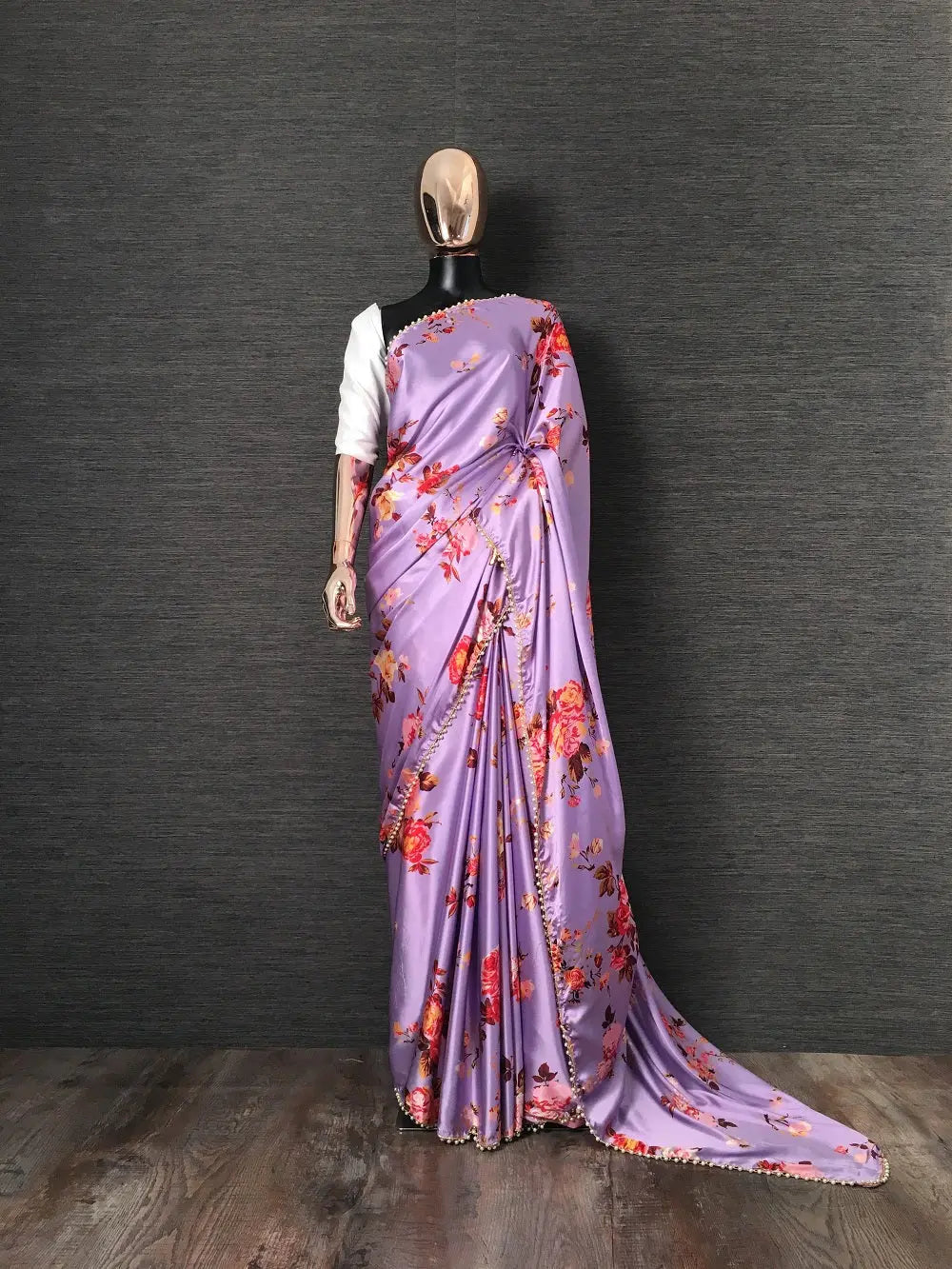 Lavender Color Floral Printed Heavy Japan Satin Saree With Pearl Lace Border - Colorful Saree