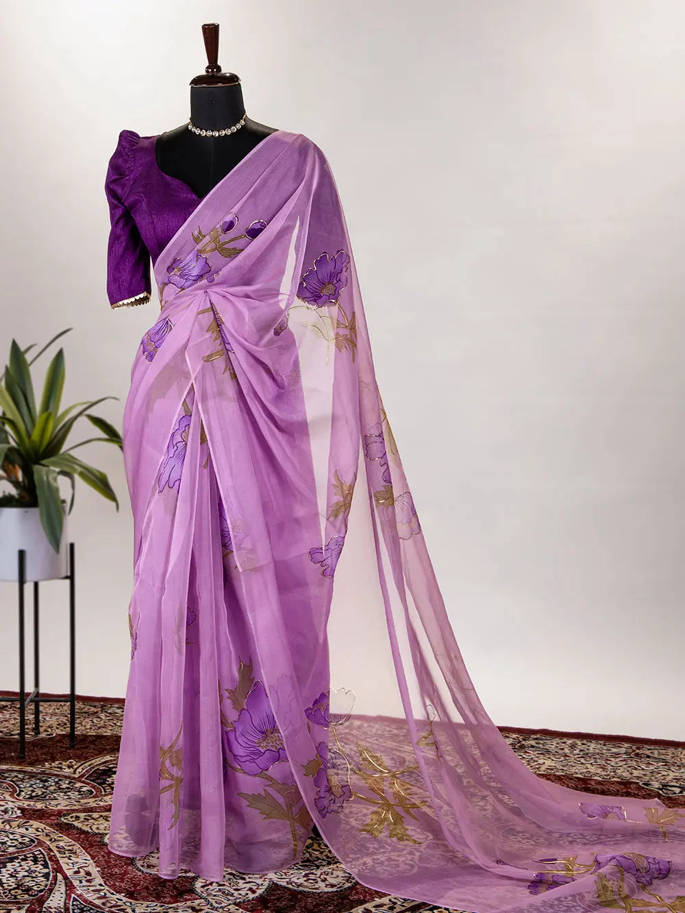 Lavender Color Floral & Foil Print Organza Saree - Colorful Saree