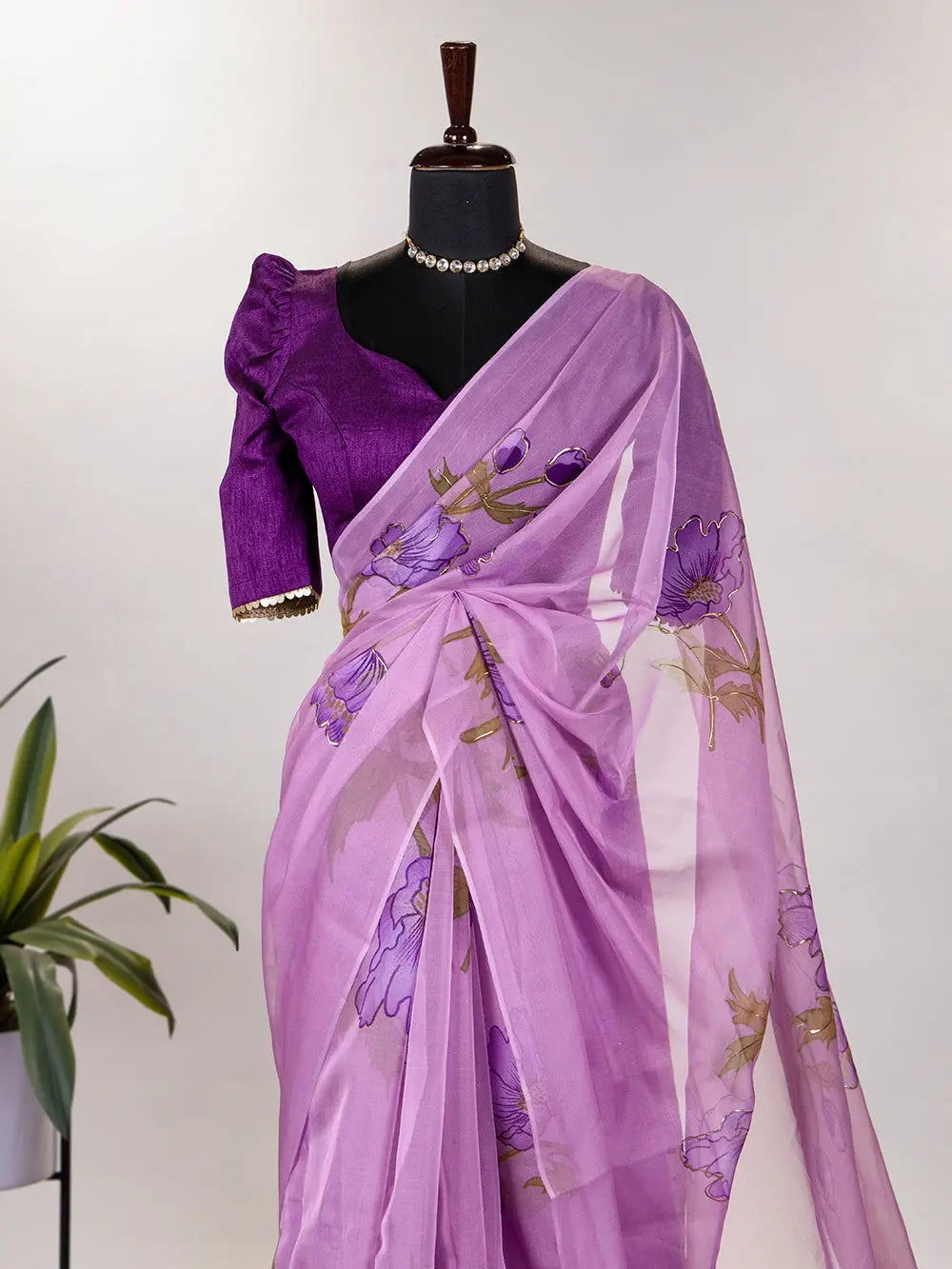 Lavender Color Floral & Foil Print Organza Saree - Colorful Saree