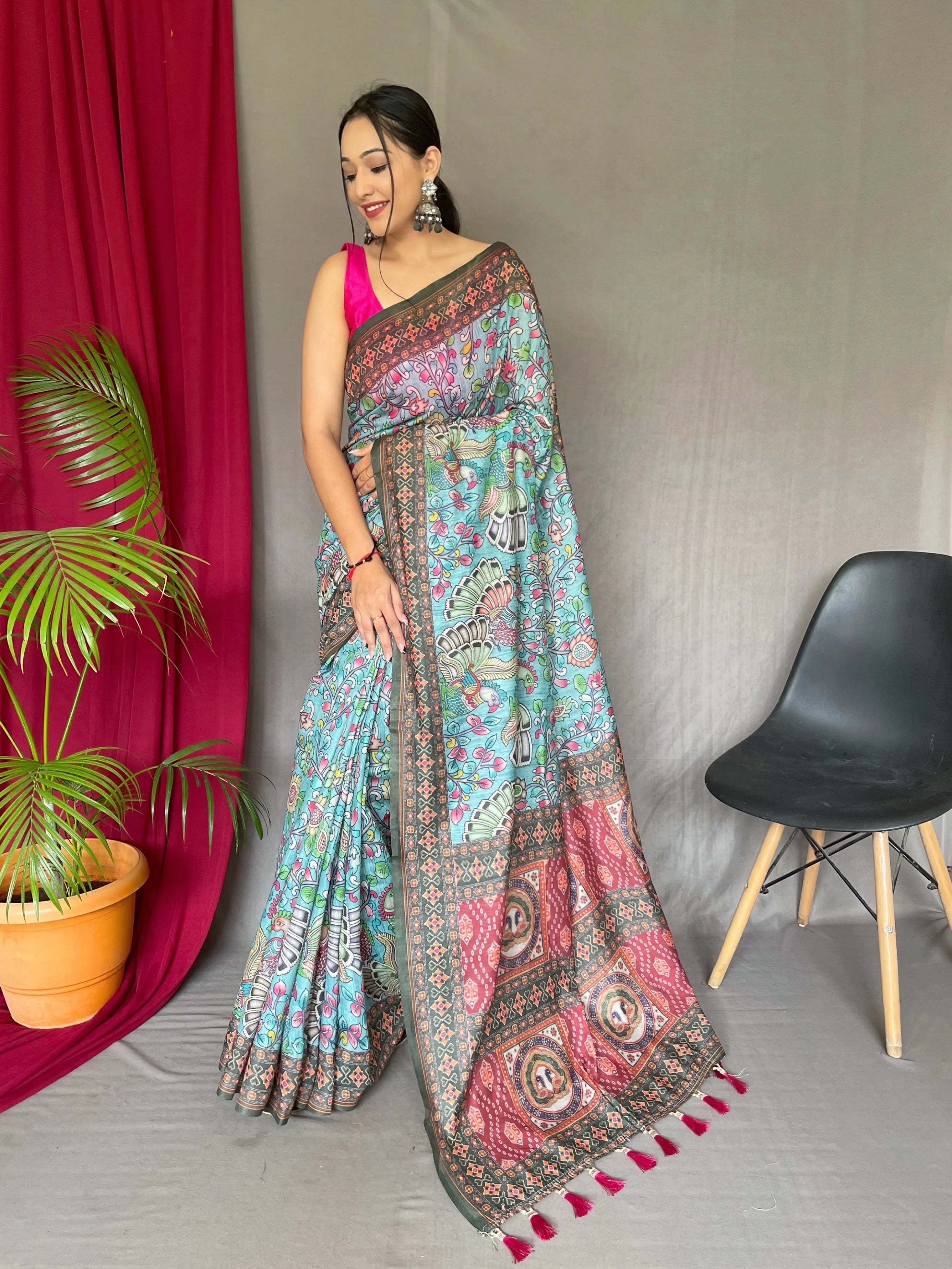 Light Blue Saree in Cotton Bandhani with Kalamkari Print - Colorful Saree