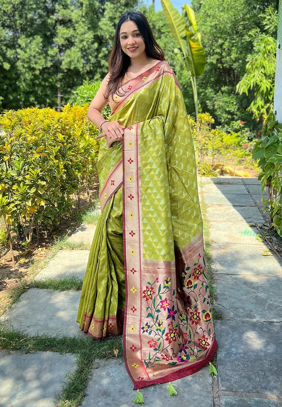 Light Olive Green Banarasi Paithani Silk Woven Saree - Colorful Saree