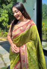 Light Olive Green Banarasi Paithani Silk Woven Saree - Colorful Saree