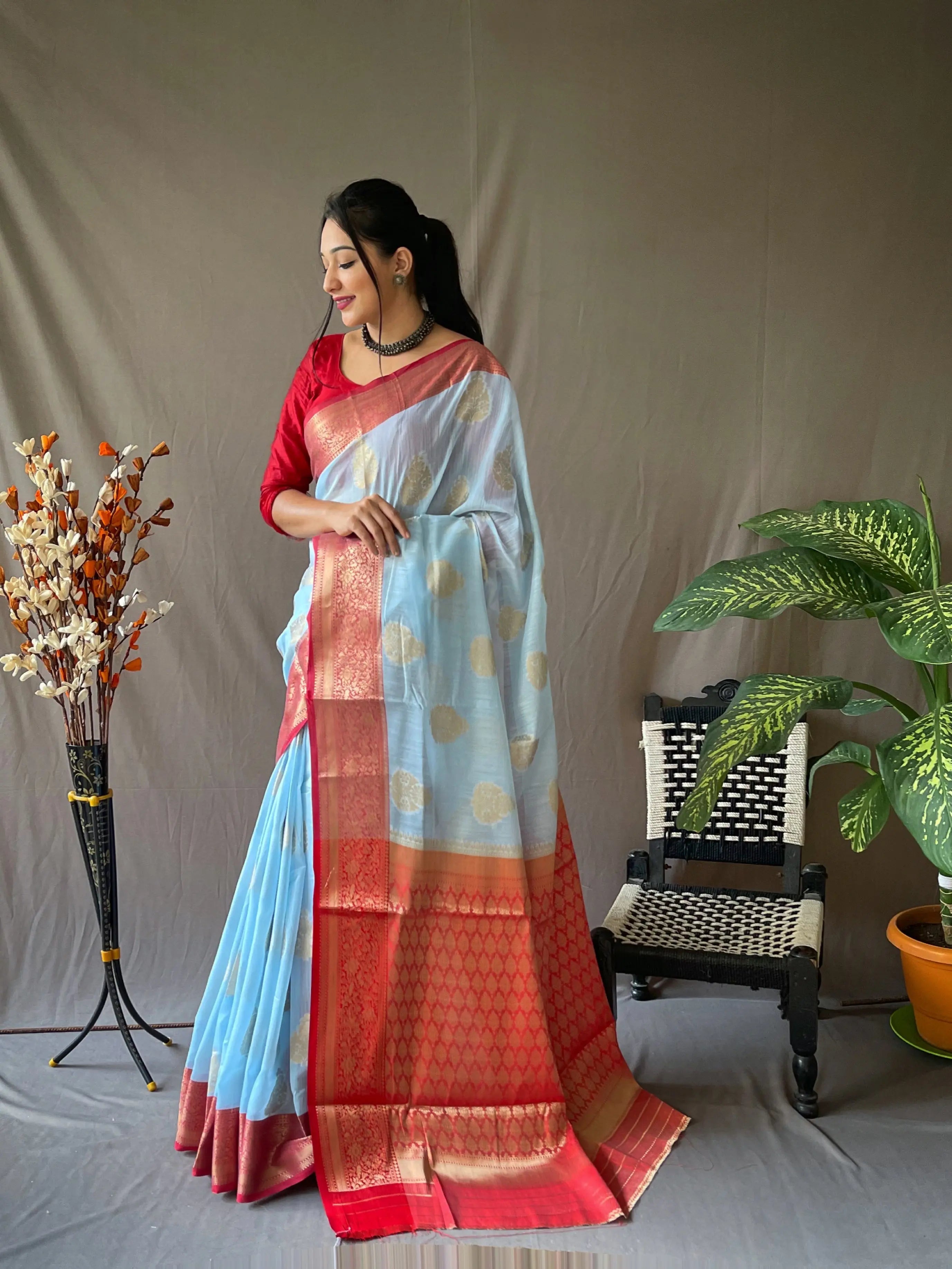 Linen Chaap Woven Carolina Blue - Colorful Saree