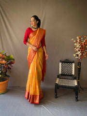 Linen Chaap Woven Pastel Orange - Colorful Saree