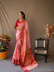 Linen Chaap Woven Pink - Colorful Saree