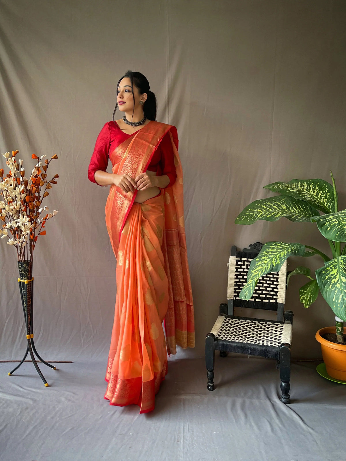 Linen Chaap Woven Portland Orange - Colorful Saree