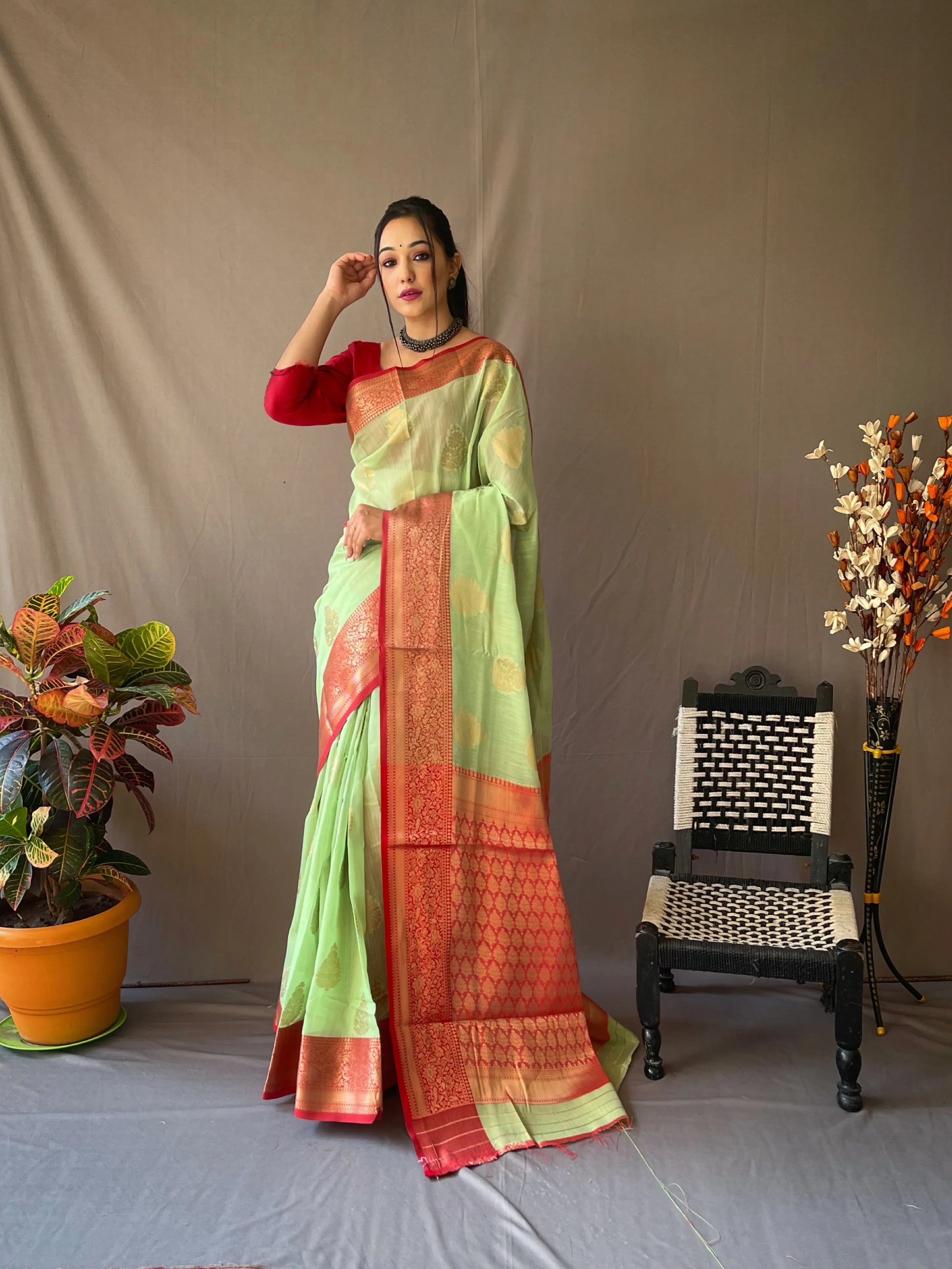 Linen Chaap Woven Saree Pistachio Green - Colorful Saree