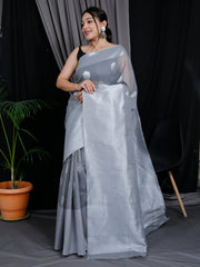 Linen Silk Silver Zari Woven Big Border Grey - Colorful Saree