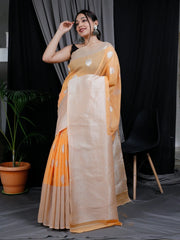 Linen Silk Silver Zari Woven Big Border Orange - Colorful Saree