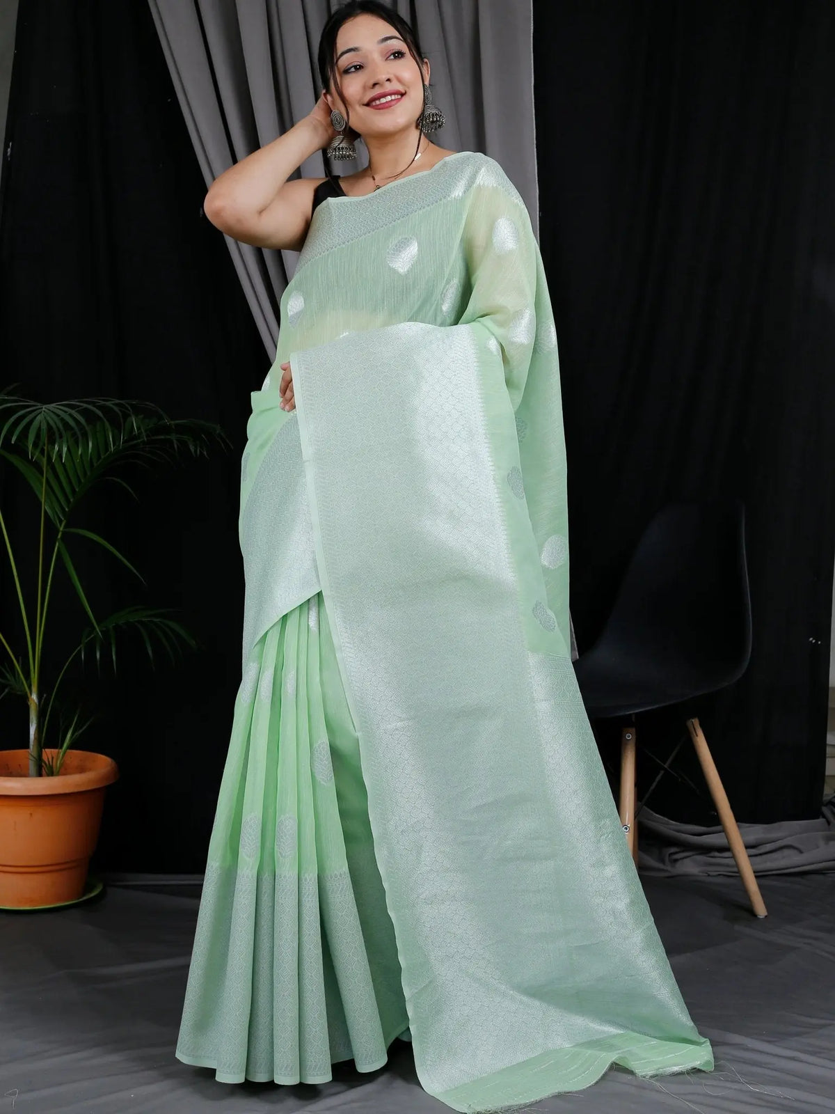 Linen Silk Silver Zari Woven Big Border Pista Green - Colorful Saree