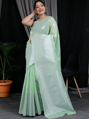 Linen Silk Silver Zari Woven Big Border Pista Green - Colorful Saree