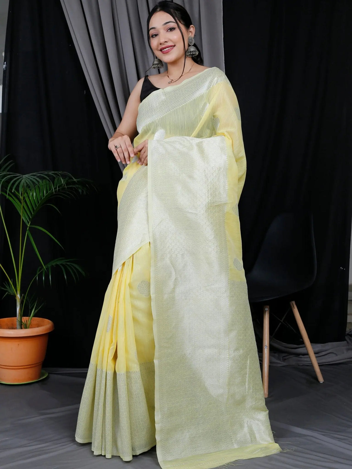Linen Silk Silver Zari Woven Big Border Yellow - Colorful Saree