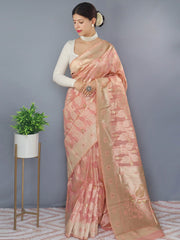 Lotus Cotton Linen Slub Jaal Woven Saree Dusty Pink - Colorful Saree