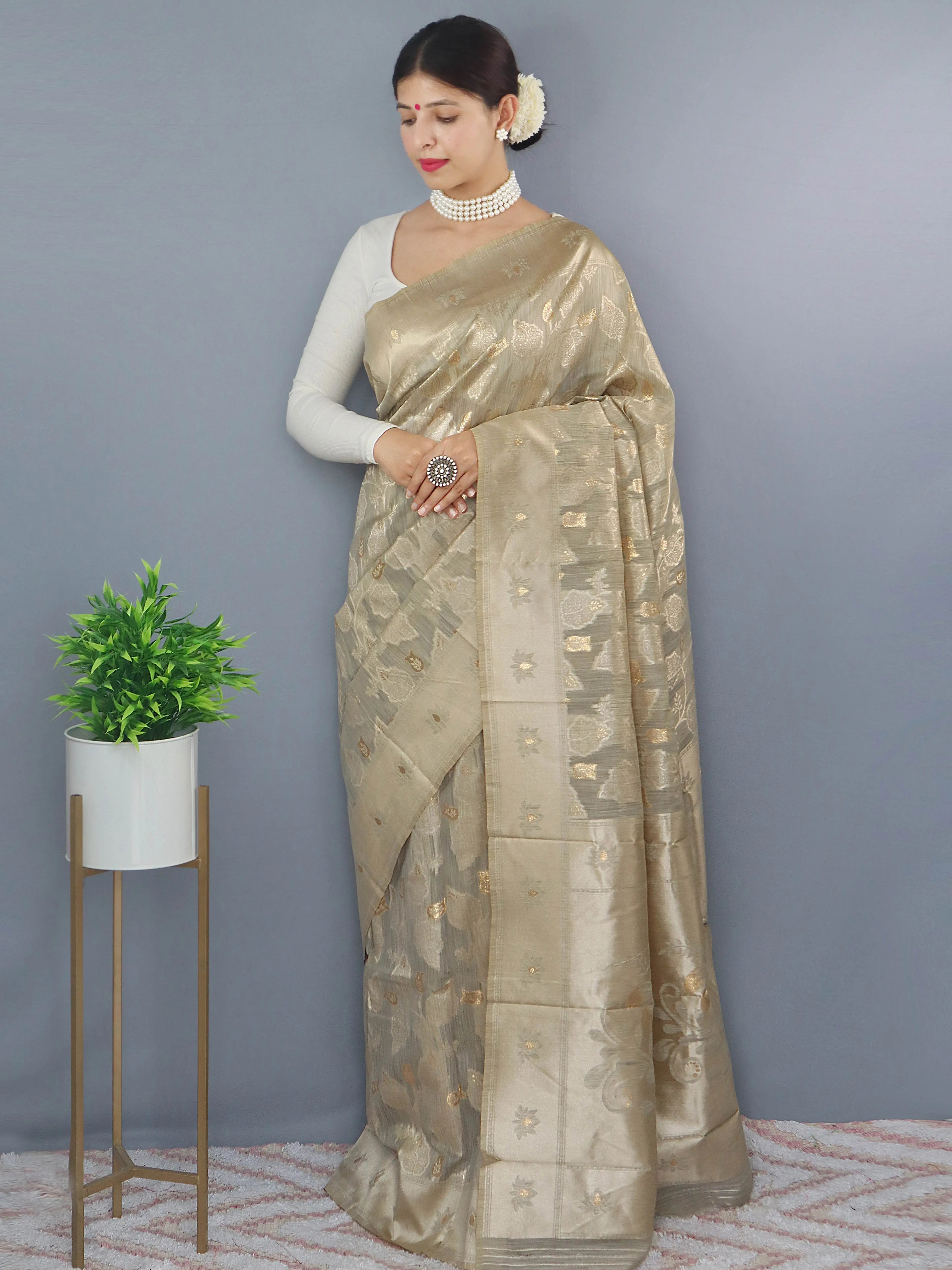 Lotus Cotton Linen Slub Jaal Woven Saree Grey Olive - Colorful Saree