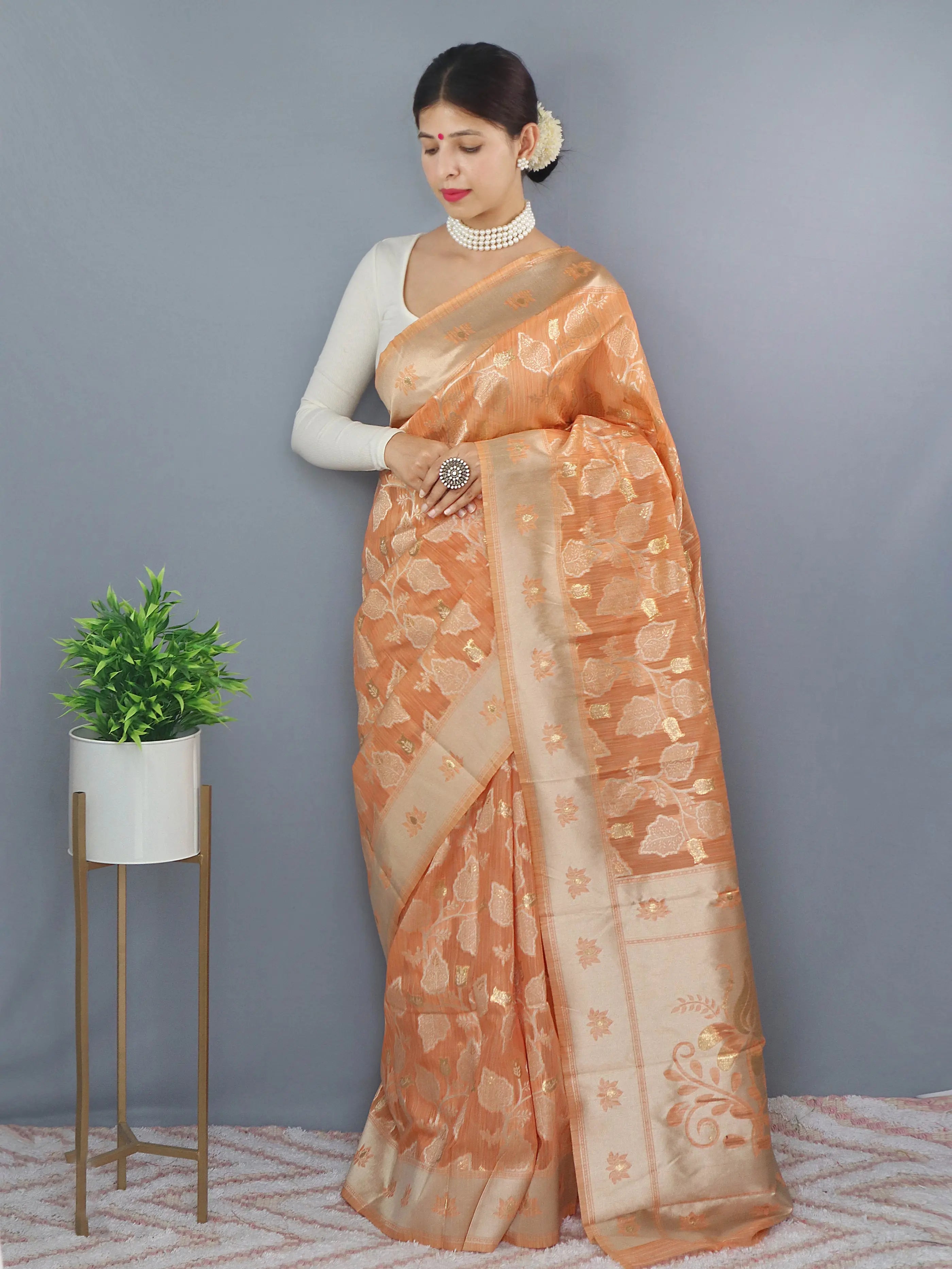 Lotus Cotton Linen Slub Jaal Woven Saree Peach - Colorful Saree