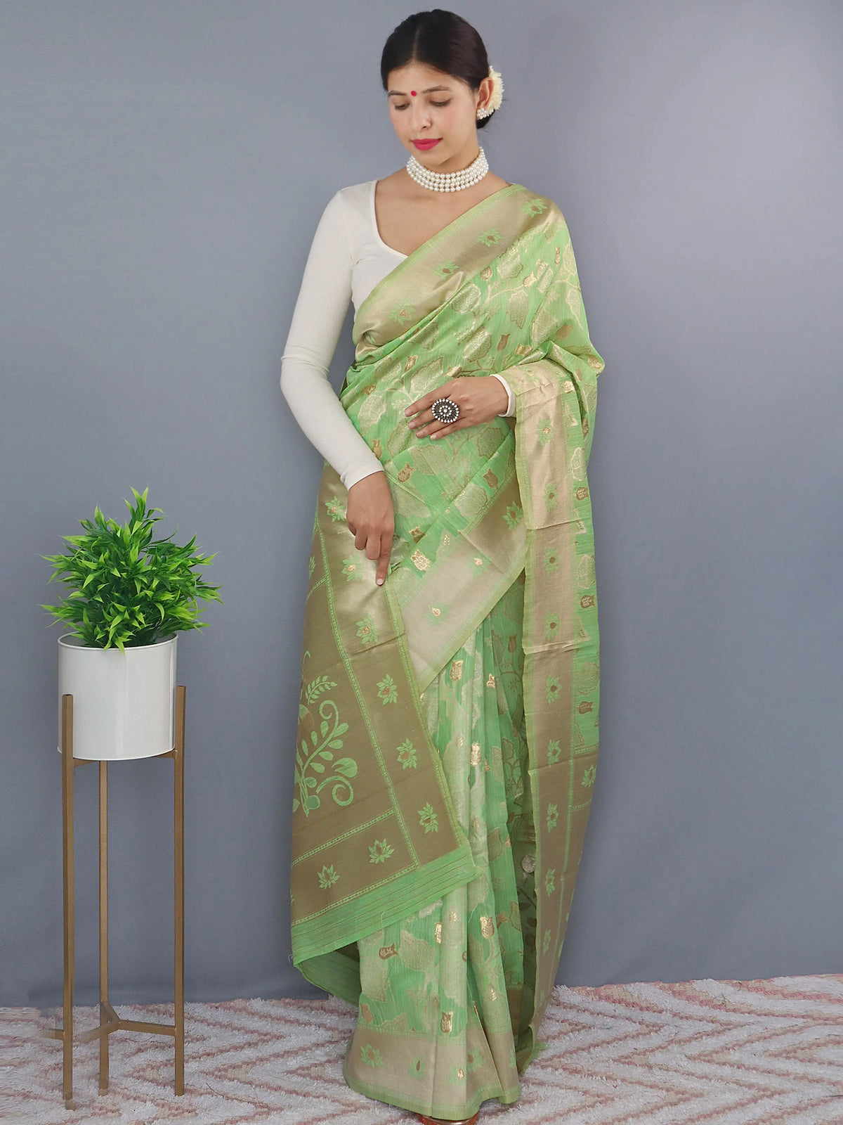 Lotus Cotton Linen Slub Jaal Woven Saree Pistachio Green - Colorful Saree