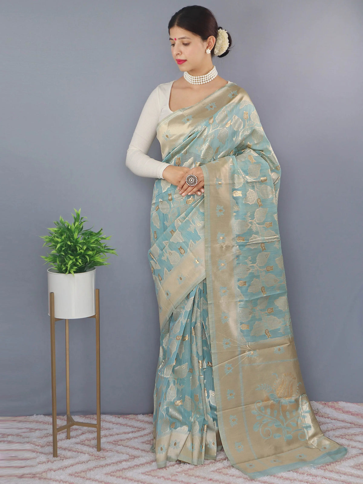 Lotus Cotton Linen Slub Jaal Woven Saree Powder Blue - Colorful Saree