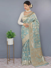 Lotus Cotton Linen Slub Jaal Woven Saree Powder Blue - Colorful Saree