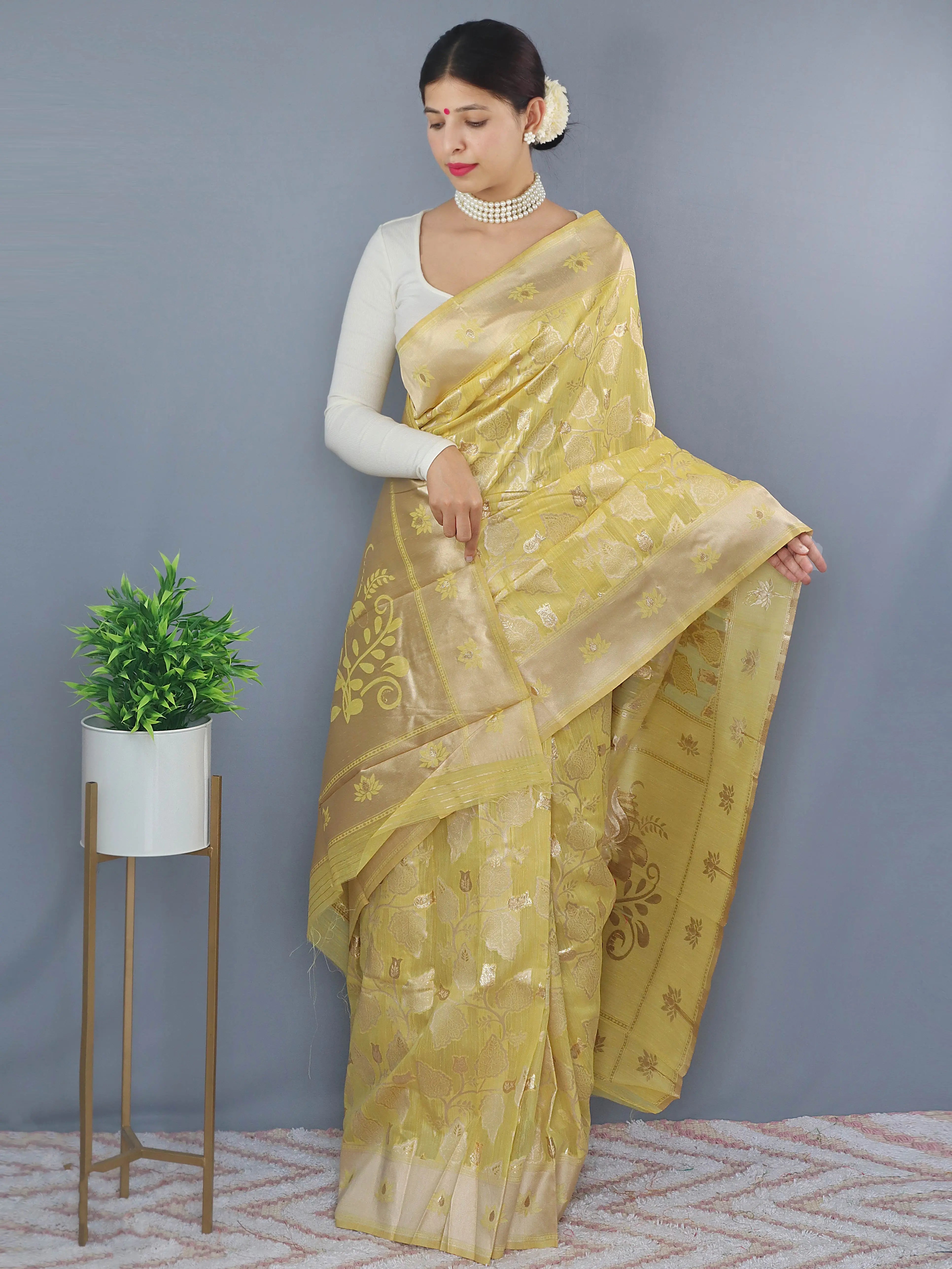 Lotus Cotton Linen Slub Jaal Woven Saree Yellow - Colorful Saree