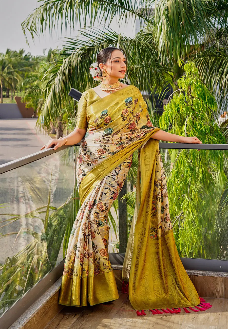 Luxor Gold Kora Muslin Silk Floral Printed Zari Woven Saree - Colorful Saree