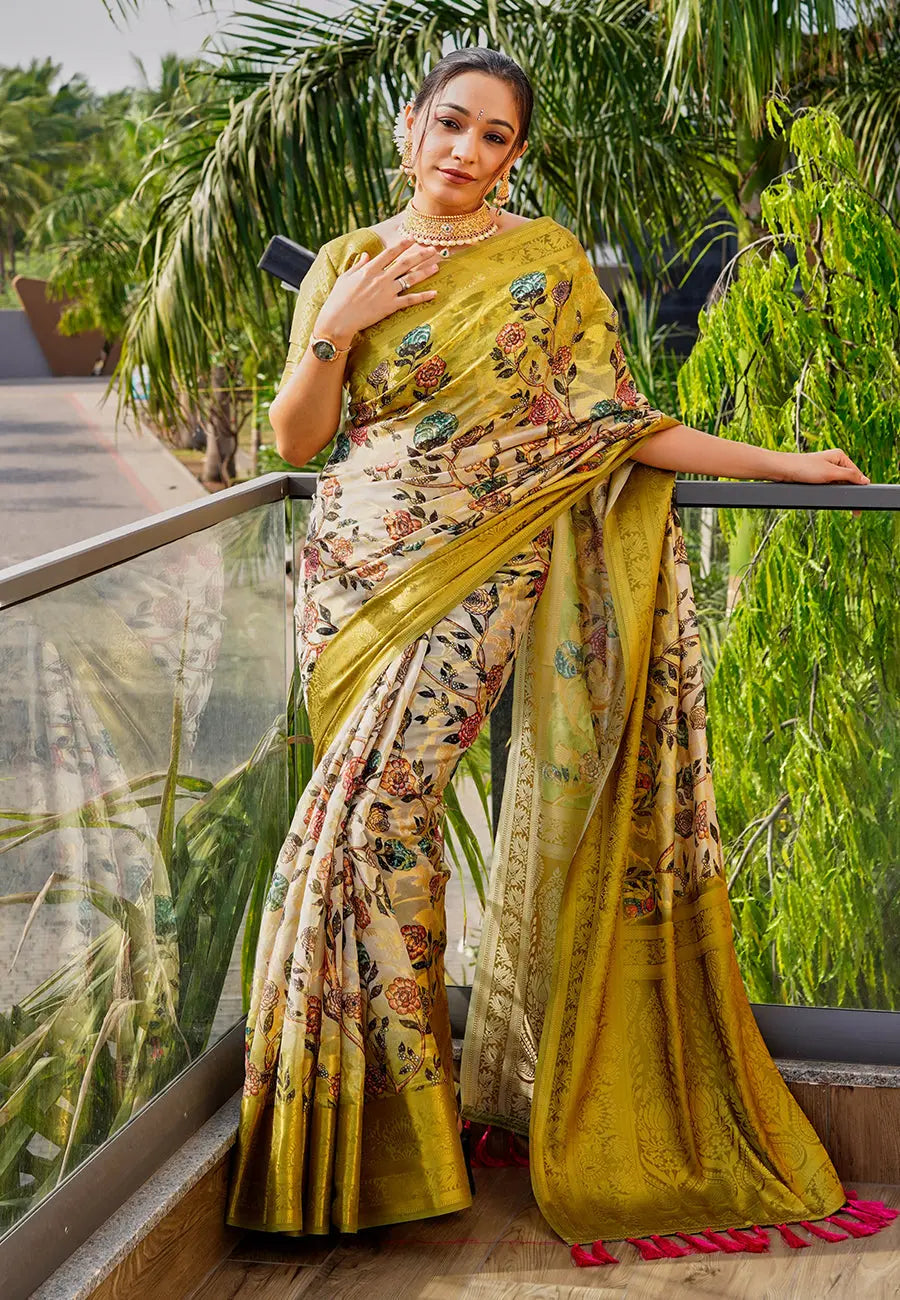 Luxor Gold Kora Muslin Silk Floral Printed Zari Woven Saree - Colorful Saree