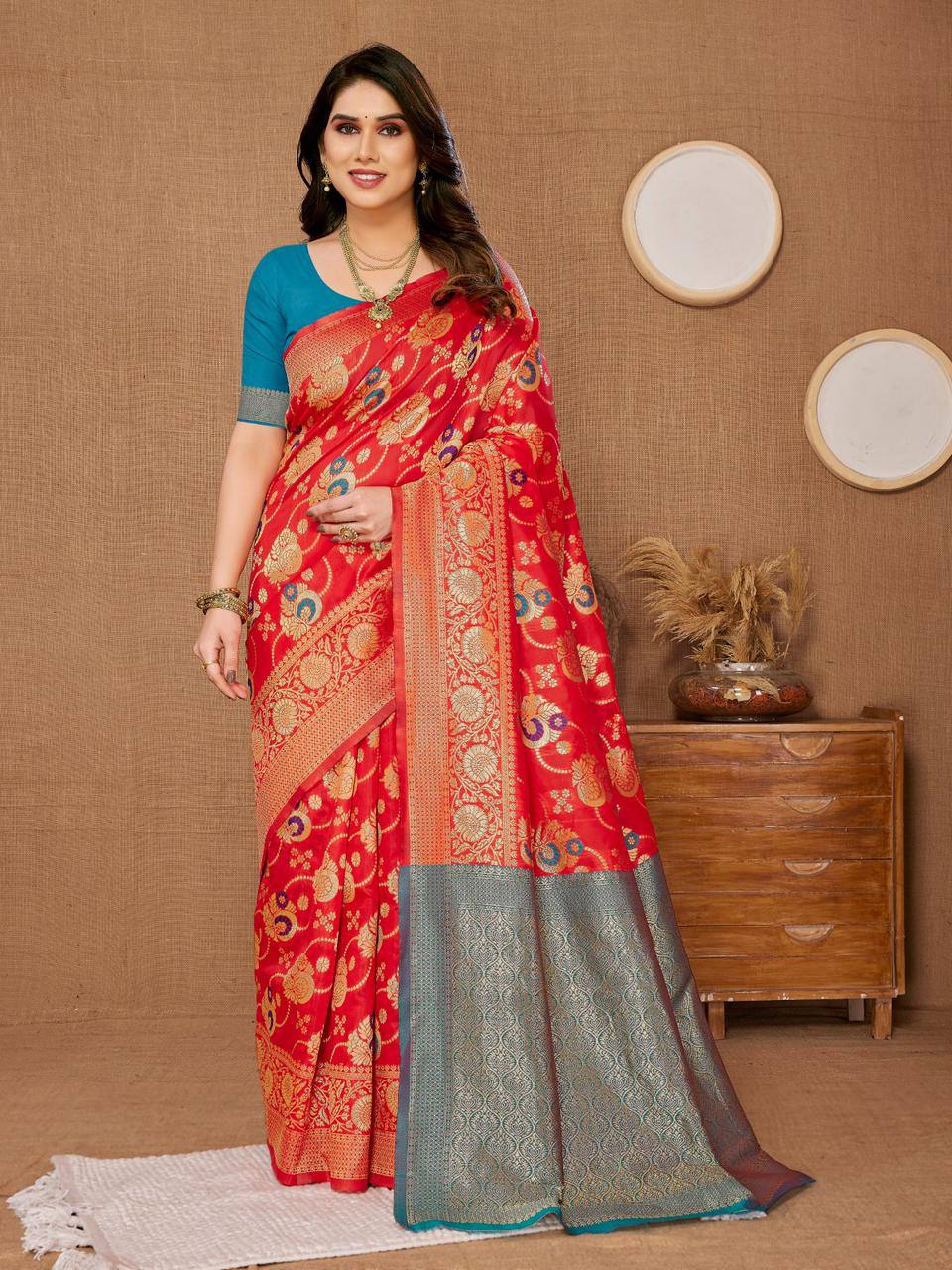 Luxurious Banarasi Silk Orange Saree Fabric with Matching Kanjiram Blouse Piece Colorful Saree