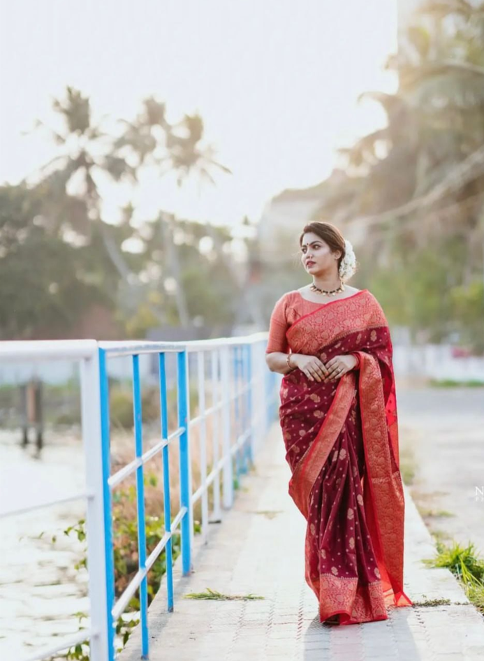 Banarasi Soft Silk Maroon Saree with Matching Blouse Colorful Saree