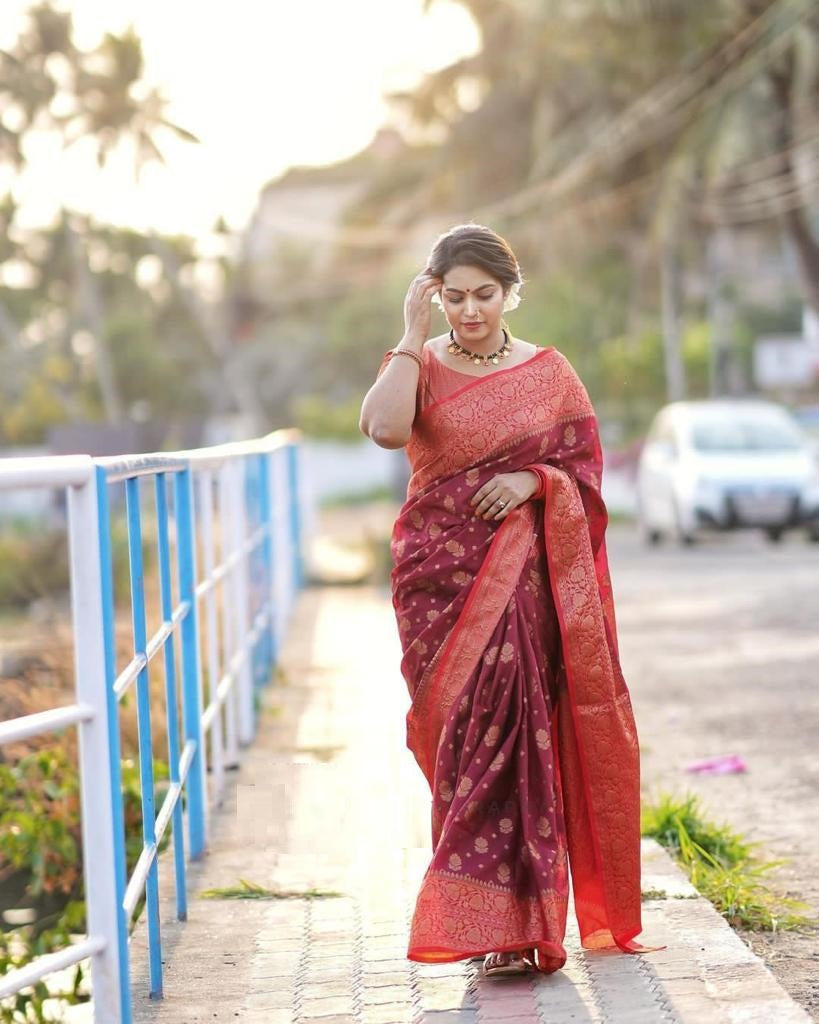 Banarasi Soft Silk Maroon Saree with Matching Blouse Colorful Saree