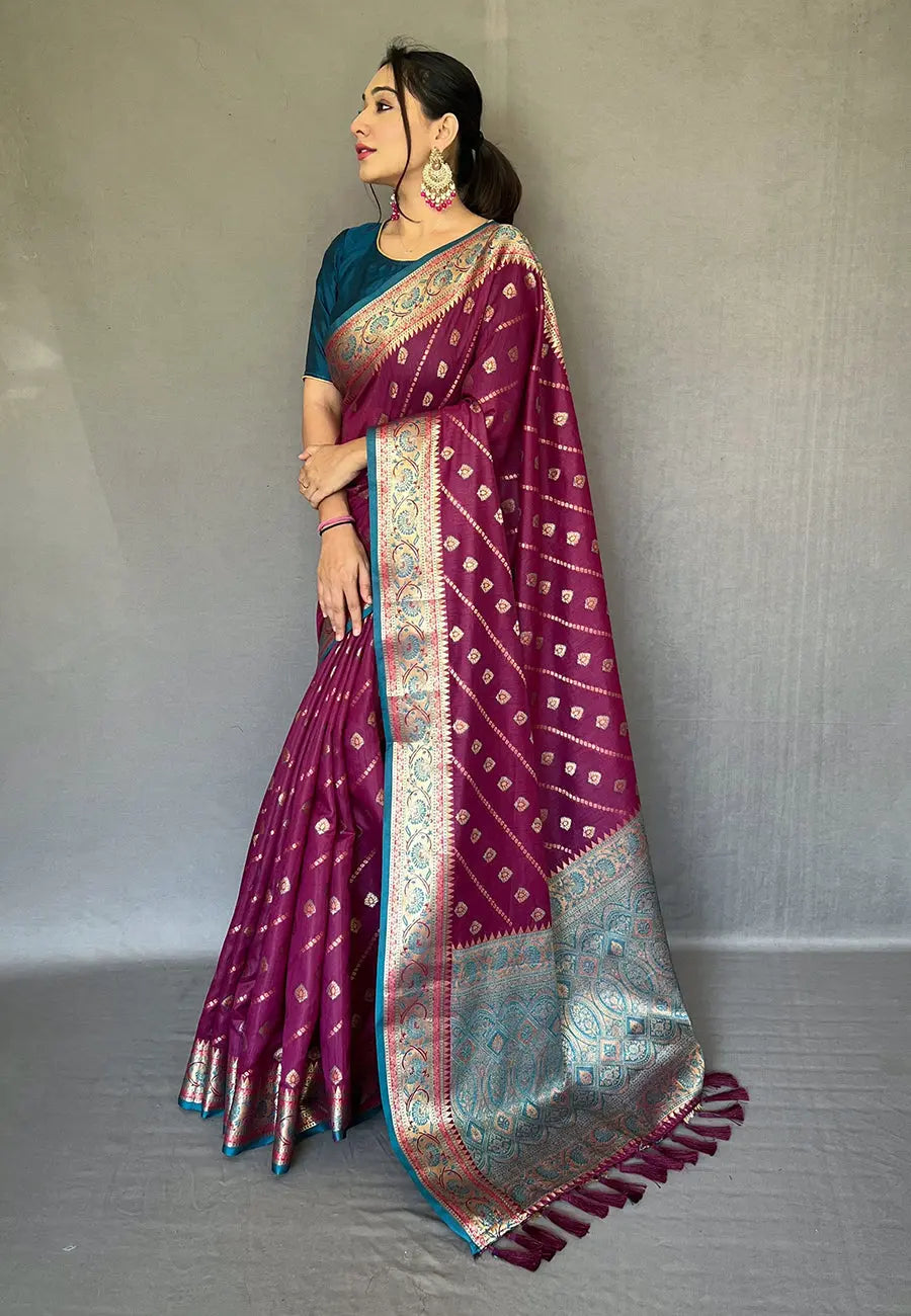 Magenta Wine Apsara Cotton Silk Zari Woven Saree - Colorful Saree