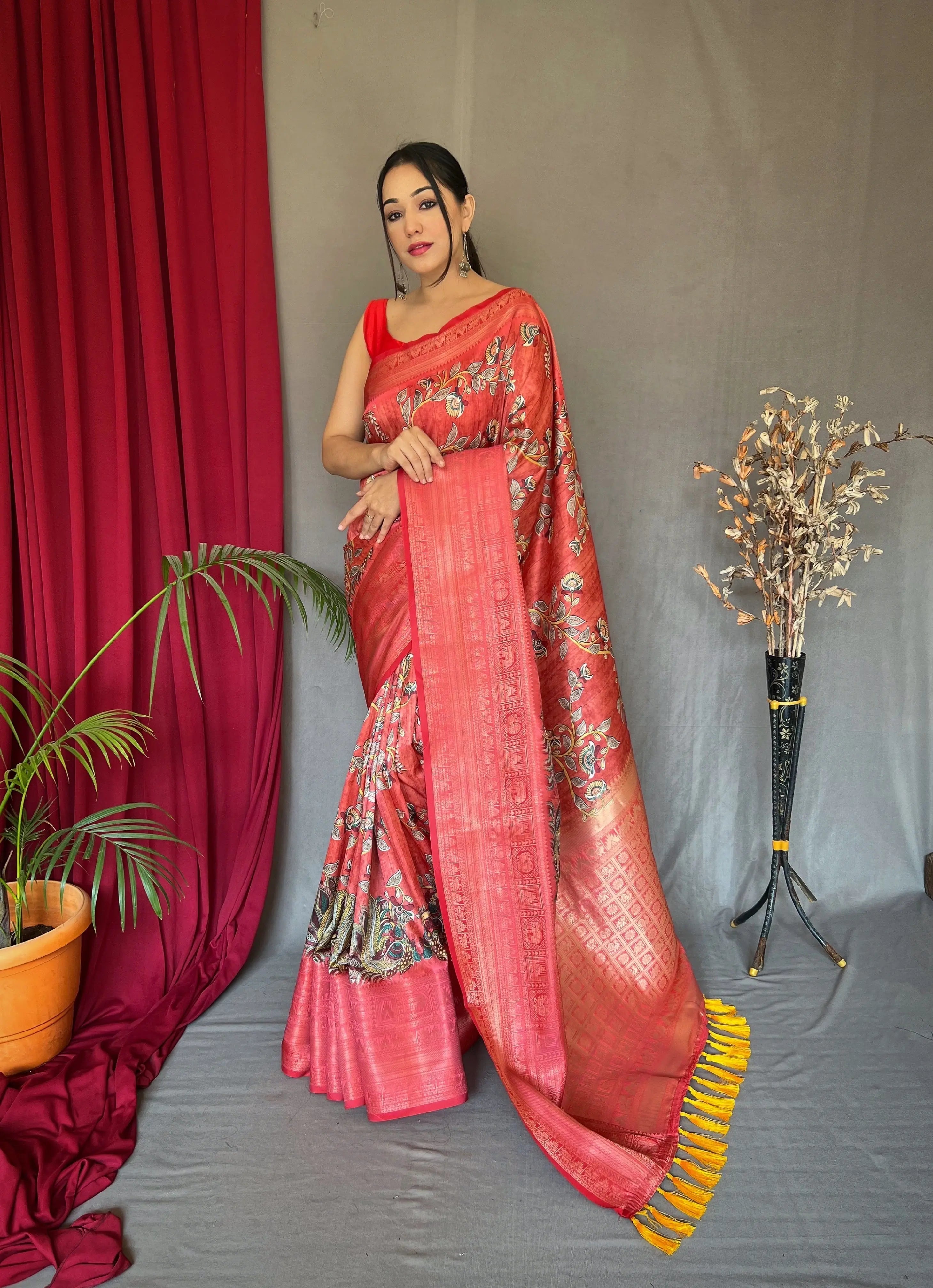 Manjulika Banarasi Silk Woven Saree with Kalamkari Prints Faded Red - Colorful Saree