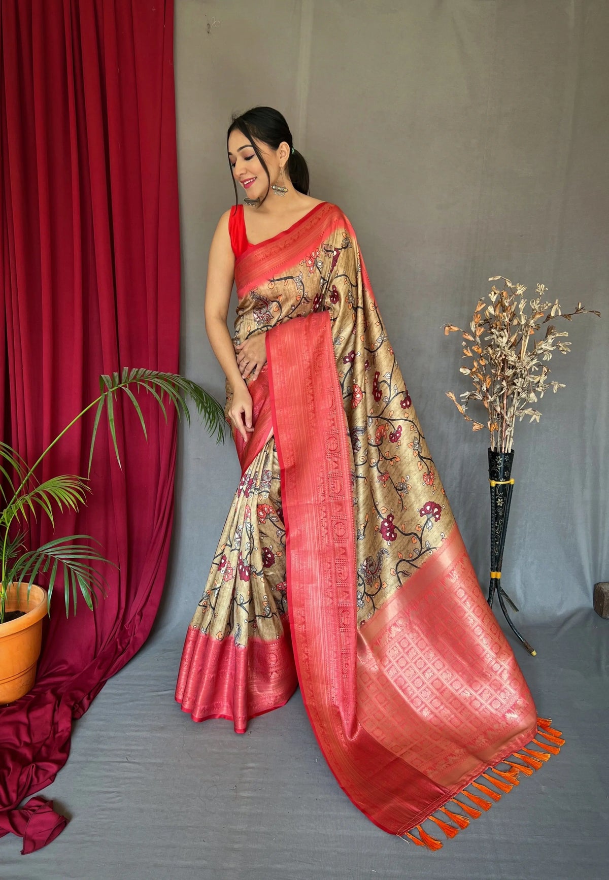 Manjulika Banarasi Silk Woven Saree with Kalamkari Prints Light Brown - Colorful Saree