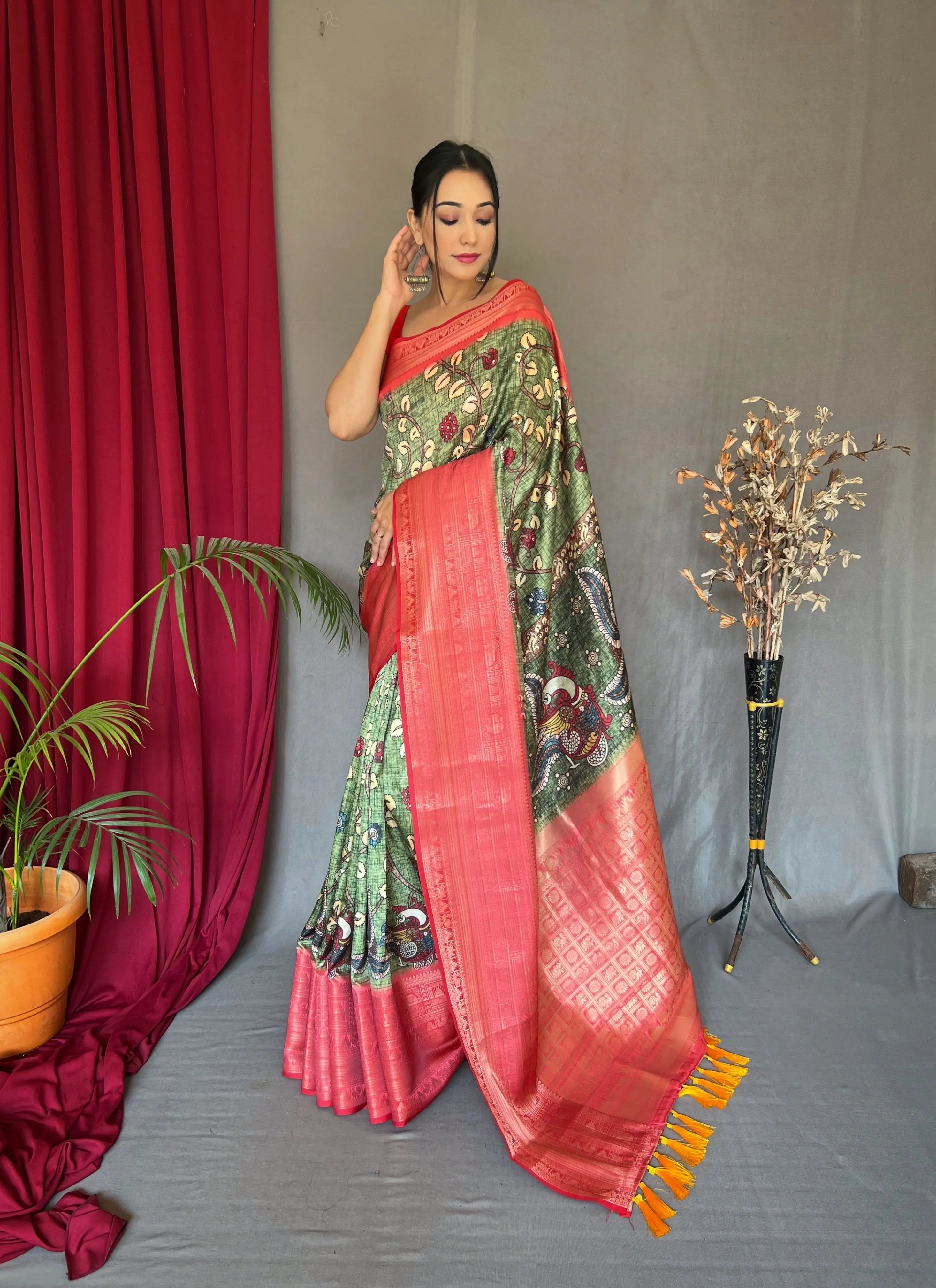 Manjulika Banarasi Silk Woven Saree with Kalamkari Prints Mehendi Green - Colorful Saree