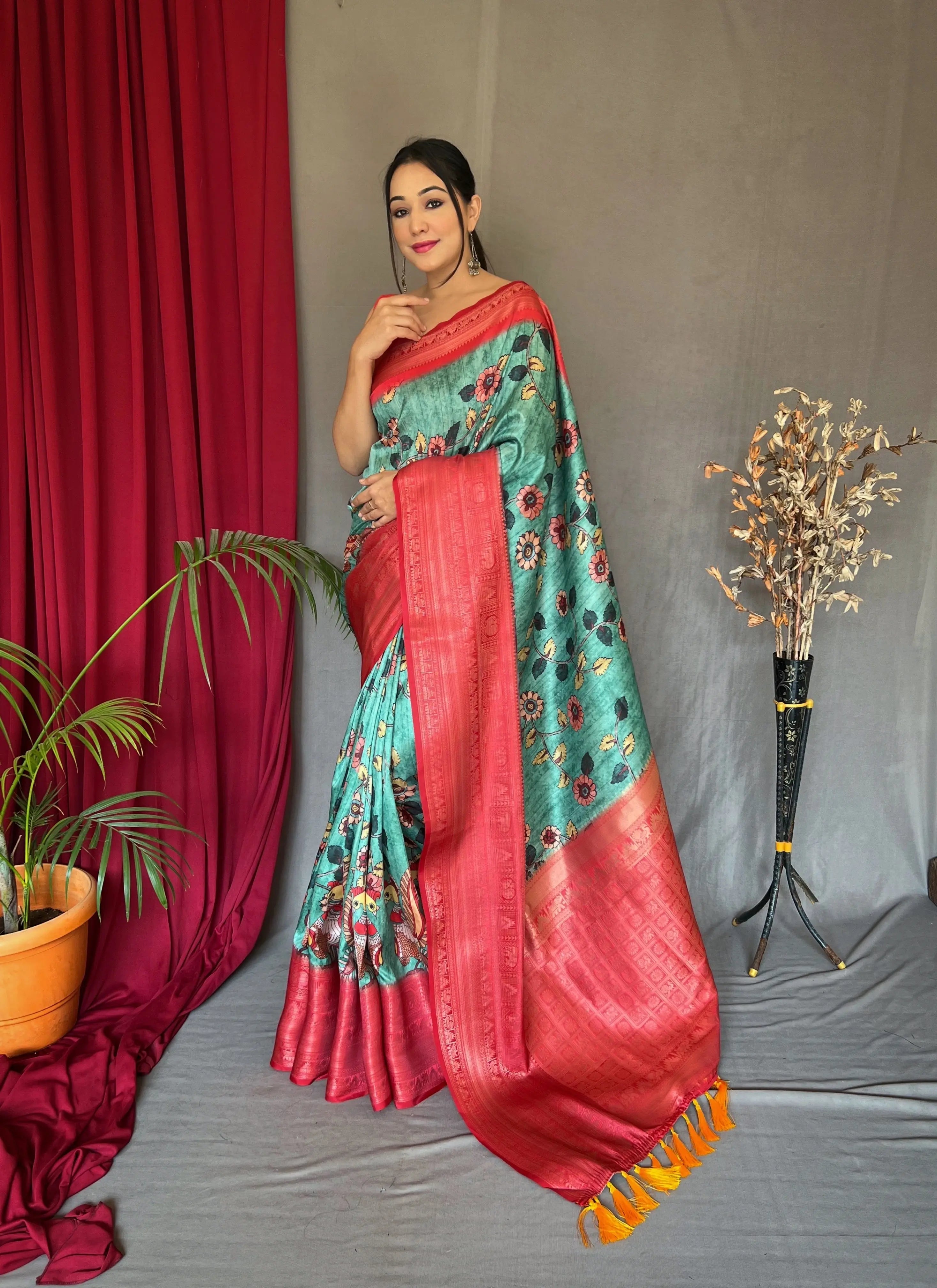 Manjulika Banarasi Silk Woven Saree with Kalamkari Prints Sea Green - Colorful Saree