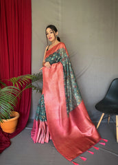 Marble Blue Pink Kora Muslin Kalamkari Silk Woven Saree - Colorful Saree