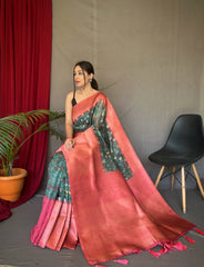 Marble Blue Pink Kora Muslin Kalamkari Silk Woven Saree - Colorful Saree