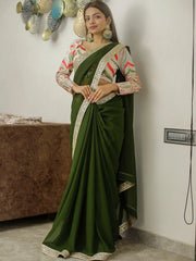 Mehendi Color Sequins & Thread Embroidery Lace Border Georgette Saree - Colorful Saree