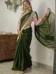 Mehendi Color Sequins & Thread Embroidery Lace Border Georgette Saree - Colorful Saree