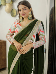 Mehendi Color Sequins & Thread Embroidery Lace Border Georgette Saree - Colorful Saree