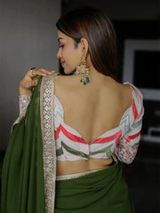 Mehendi Color Sequins & Thread Embroidery Lace Border Georgette Saree - Colorful Saree