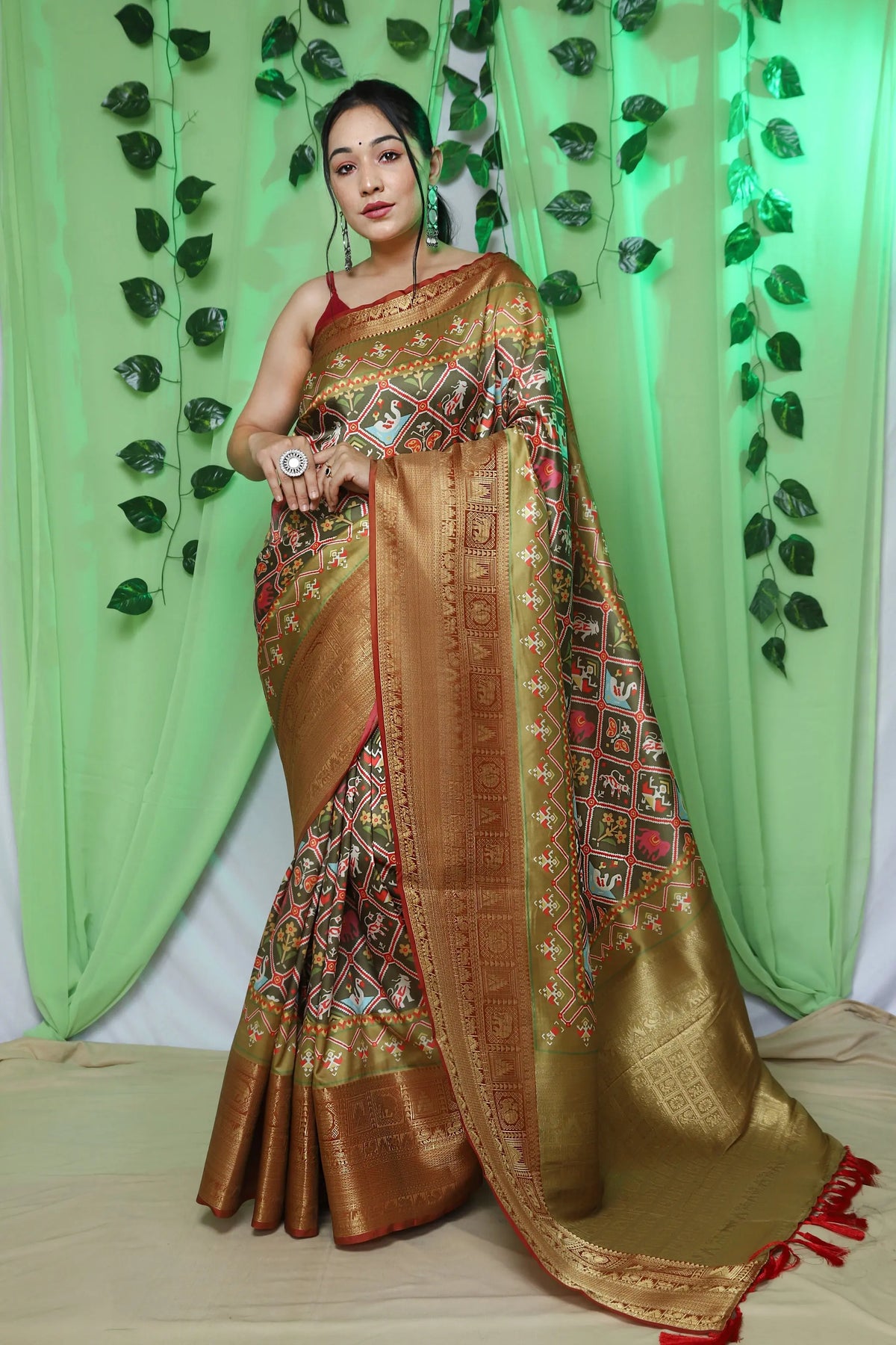 Mehendi Gold saree in Patola Print - Colorful Saree