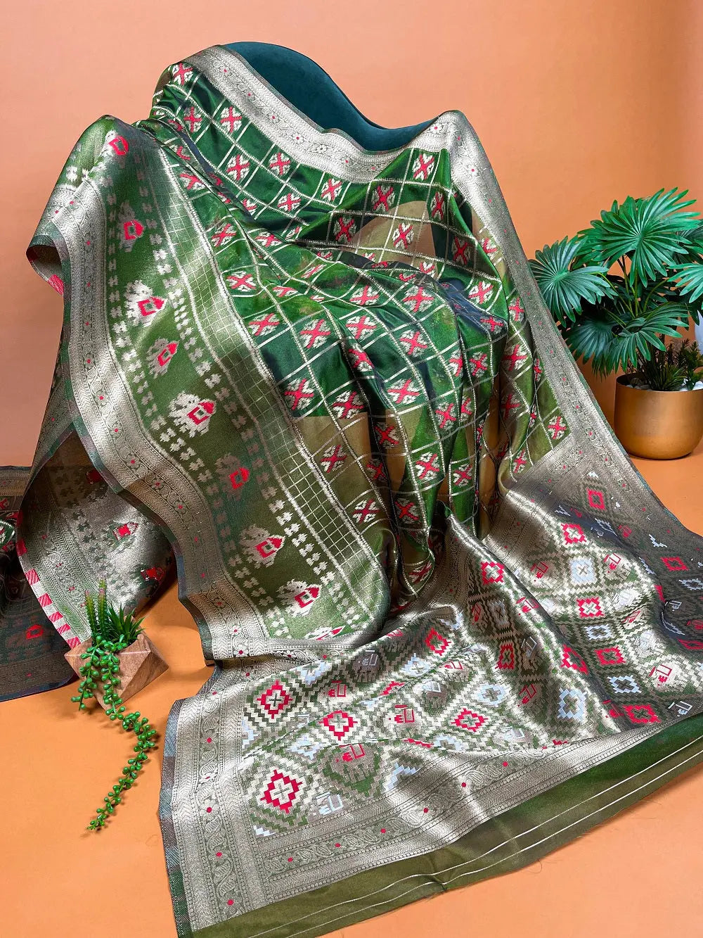 Mehndi Color Weaving Work Organza Saree - Colorful Saree