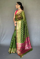 Military Green Maitri Organza Contrast Zari Woven Saree - Colorful Saree