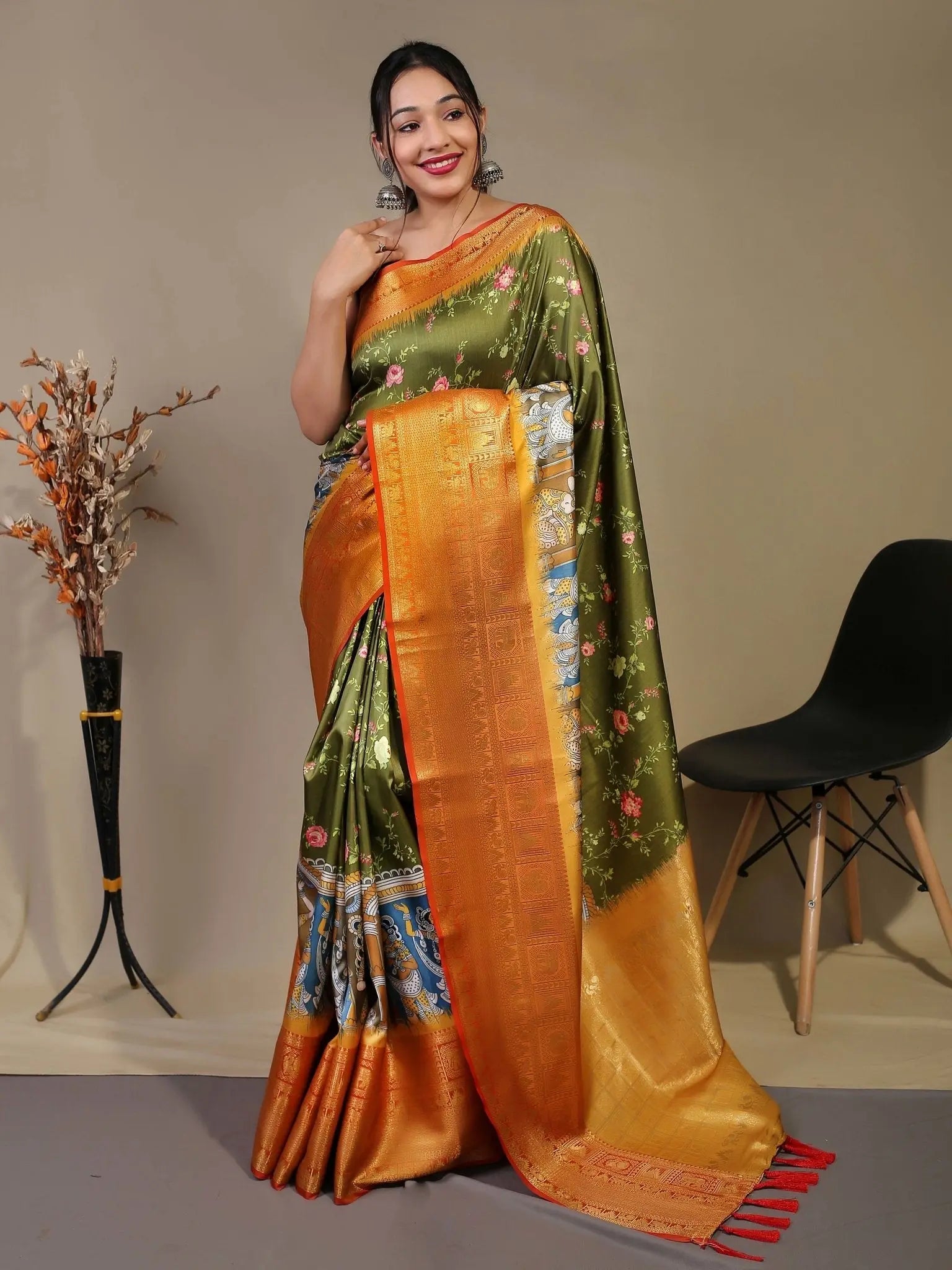 Military Green saree in Floral Kalamkari Print - Colorful Saree