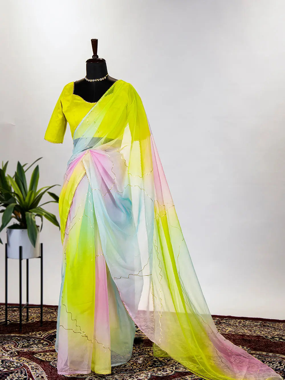 Mint Color Floral & Foil Printed Organza Saree - Colorful Saree